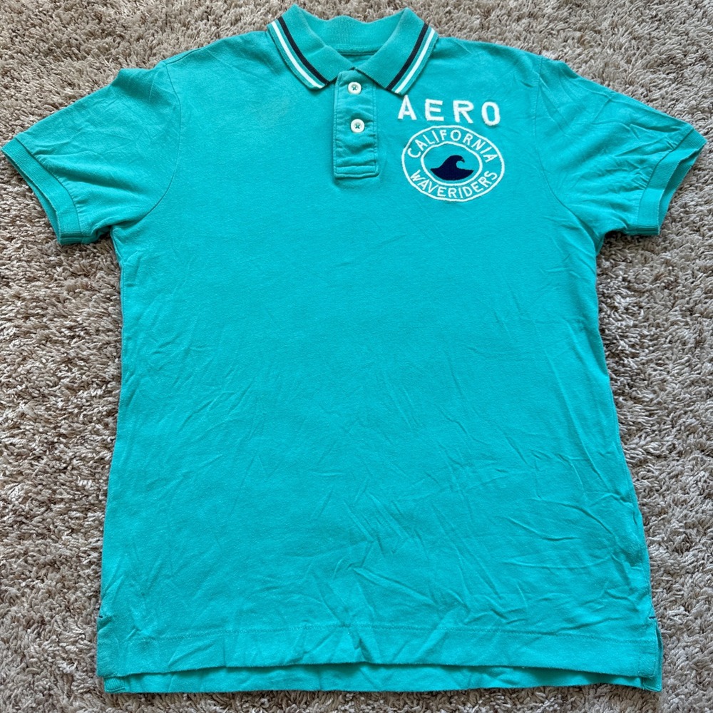 Aeropostale Mens Small Teal California Waveriders Surf Skater Polo Shirt y2k